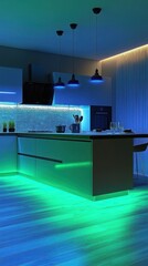 Modern kitchen with vibrant lighting