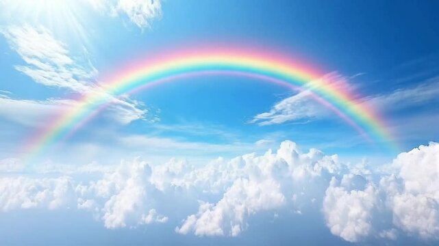 Colorful rainbow over fluffy clouds in the bright blue sky, nature concept