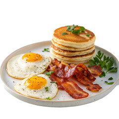Delicious homemade breakfast with crispy bacon, eggs and pancake on white background