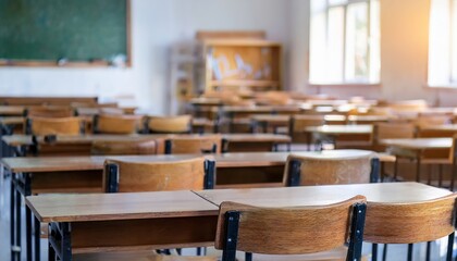 Empty Classroom. Vintage wooden Chairs and Desks, Back to school concept
