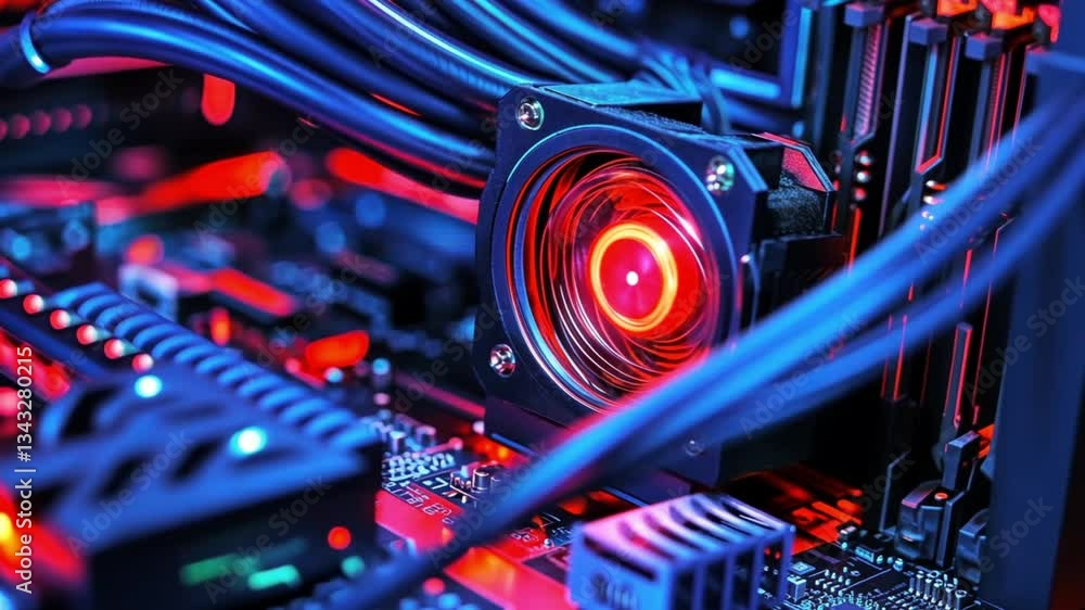 Poster close-up of a computer's internal components with rgb lighting