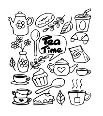 Hand drawn set of Tea time doodle icons. Teapots, cups, lemon and sweets in sketch style. Vector illustration isolated on white background
