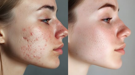 Obraz premium Side-by-side comparison of skin before and after acne treatment