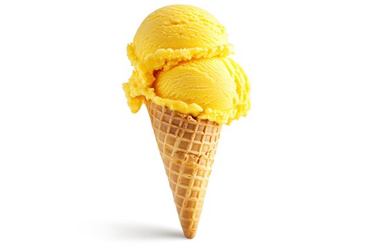 A luscious double scoop of sunshine-yellow ice cream melting deliciously into a crispy waffle cone against a bright white background.