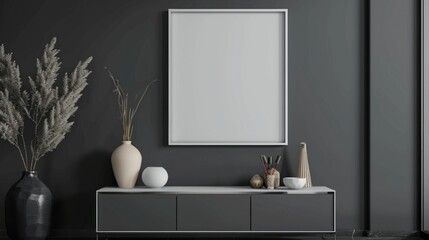 Elegant contemporary interior design with blank frame and decorative elements