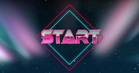 Glowing neon START text animation over starry night sky background - Powered by Adobe