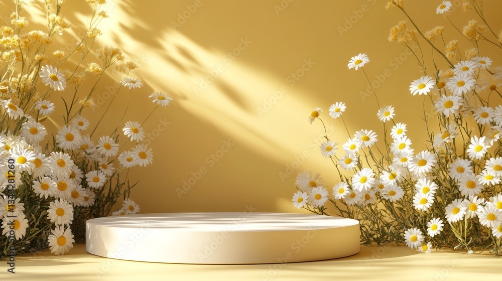 Poster a vibrant yellow backdrop is adorned with cheerful daisies, framing a smooth circular platform