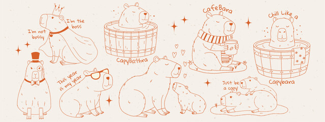 Funny capybara set with text. Set of rodents relaxing in barrel, drinking coffee, playing. Pencil or charcoal drawing. Hand drawn vector illustration.