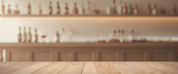 Wooden table with soft focus liquor bar background.
