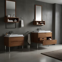 Modern Bathroom Interior with Wooden Vanity Cabinets, Mirrors, and Elegant Fixtures