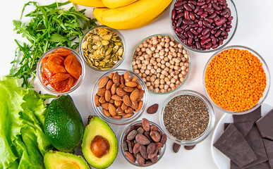 Various products containing magnesium. Selective focus.