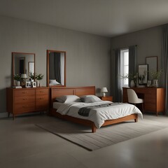 Sophisticated Bedroom Interior Design with Warm Wood Furniture and Neutral Tones