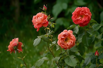 Fototapeta premium Blooming Coral Roses in Lush Garden
