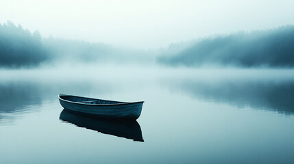 Fototapeta premium Solitary boat floating on misty lake tranquil nature scene early morning serene environment