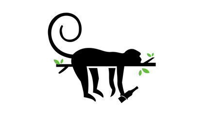 monkey lying on a tree branch while carrying a bottle