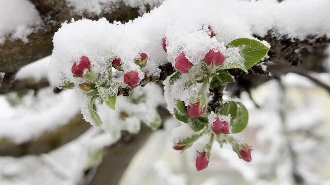 The apple tree is in bloom but the March surprise is affected by the snowfall