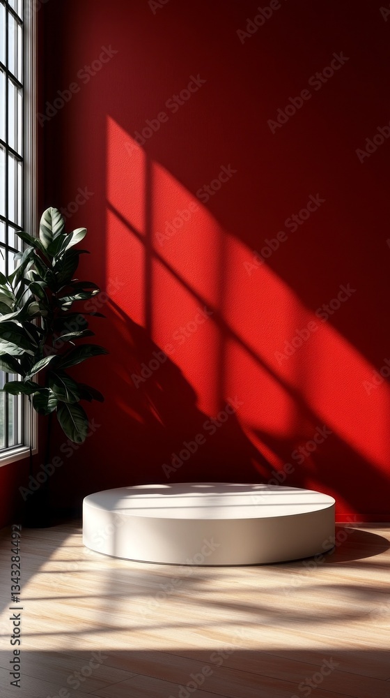 Poster a bright and inviting room features a circular white platform, with sunlight filtering through a lar