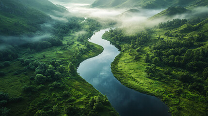 Serene river landscape mountain valley aerial view nature scene tranquil environment