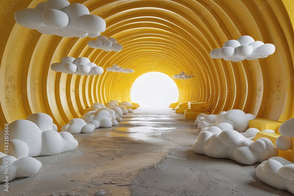 Poster 3d render of abstract minimal yellow background with white clouds in a tunnel