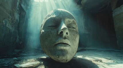 Enigmatic death mask in a dimly lit ancient chamber