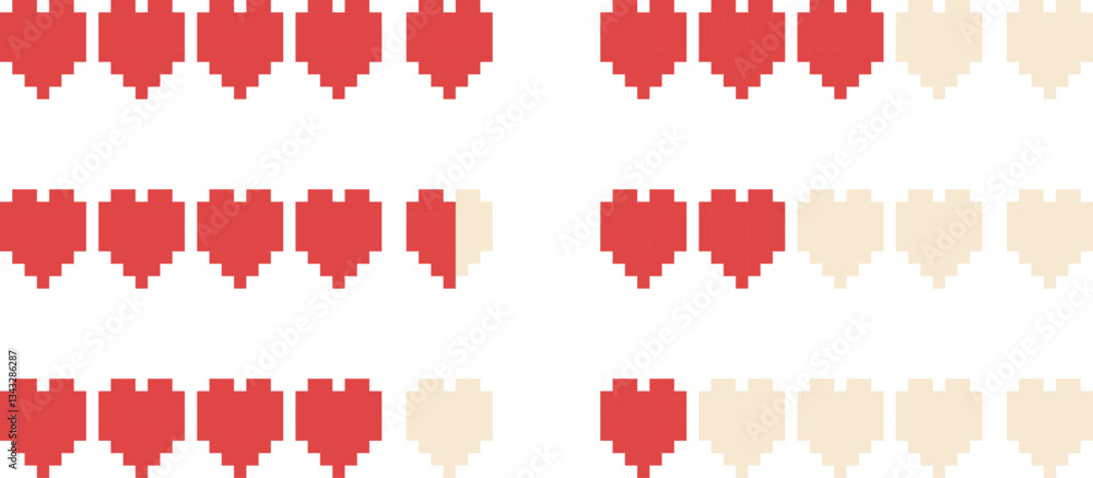 Poster 8 bit game life bar icon set. pixel art object. retro 80s,90s video game graphics.