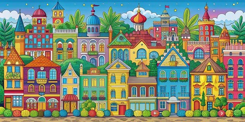 Obraz premium Colorful Cityscape Coloring Book Illustration