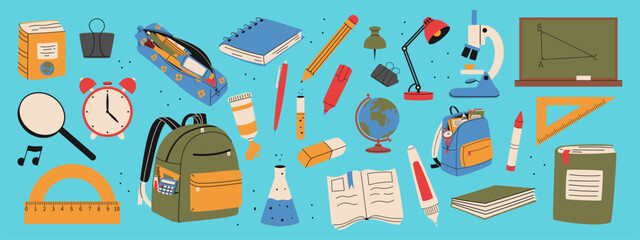 Set of school supplies. Backpack, books, magnifying glass, alarm clock, microscope, pencil case, eraser, globe. Hand drawn illustration.