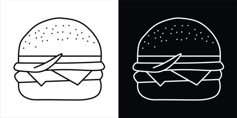 Minimalist Line Art of a Burger in Black and White Variations
