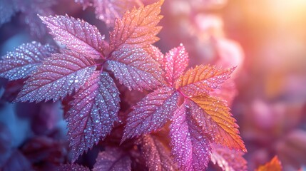 Dew-covered autumn leaves bathed in sunlight.
