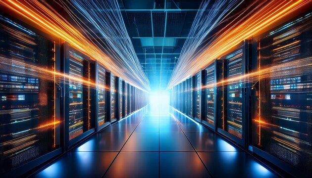 a futuristic data center with illuminated server racks and glowing lines of light symbolizing data flow and technology