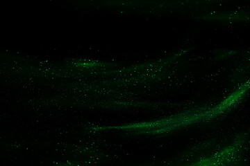 abstract green speed camera motion background over glowing lights with sparkles, stars.
