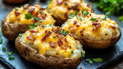 Fototapeta premium Cheesy stuffed baked potatoes topped with cheese bacon and cream
