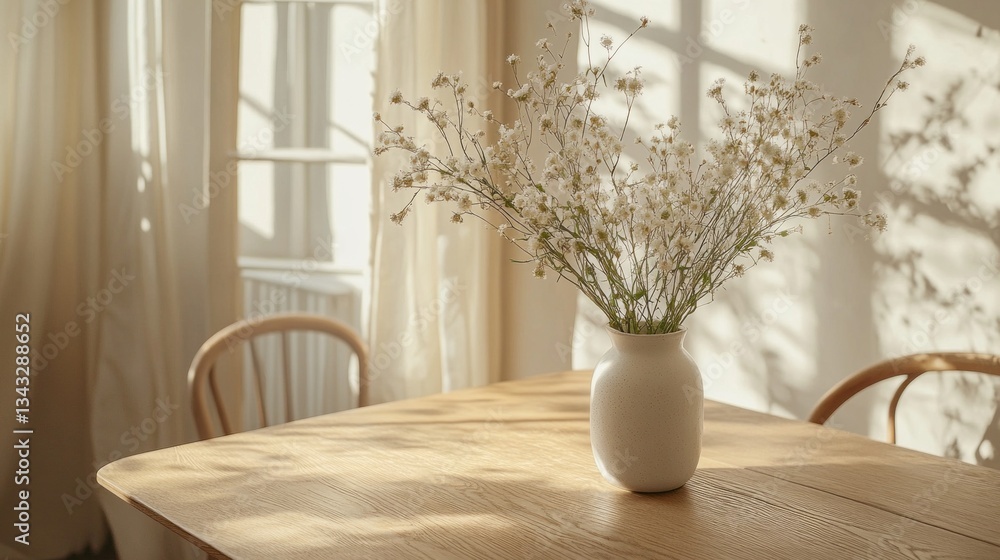 Aufkleber sunlight filters through sheer curtains, creating soft shadows on a cozy wooden table. a simple cera