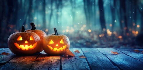 Glowing jack-o'-lanterns on a wooden table in a misty forest.