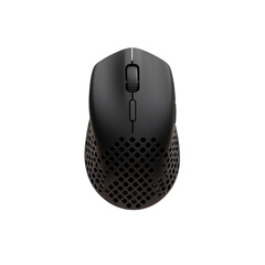 A sleek, modern gaming mouse featuring a perforated design for airflow and enhanced grip, ideal for gamers seeking performance and comfort, Transparent background.