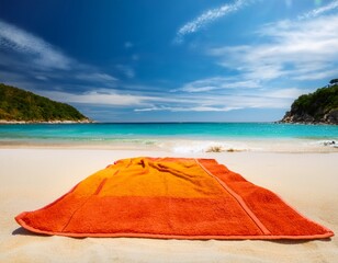 bright beach towel on sandy sea beach