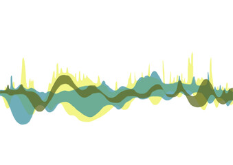 Sound wave with high sharp yellow peaks. Equalizer. Wave processes. Isolated graphic image. Digital flat illustration. Colorful pattern. Smooth blue-green flow. Abstract striped wavy curved line.