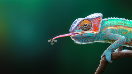 A chameleon, frozen in time as its tongue shoots forward, snaring an insect.