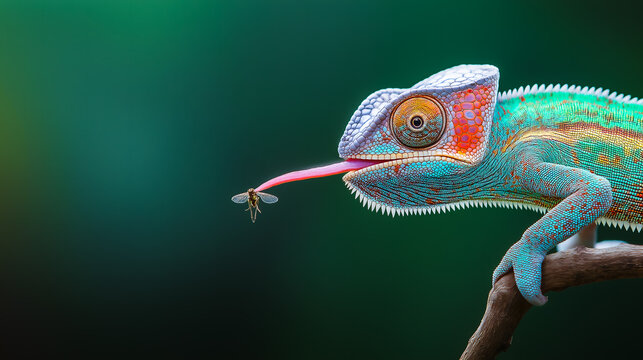 Fototapeta A chameleon, frozen in time as its tongue shoots forward, snaring an insect.