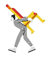 Weary man in tattered clothing carrying king throne on back 2D cartoon character. Male peasant struggling with burden weight flat vector person isolated on white. Spot illustration colorful