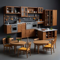 Stylish Kitchen Design Featuring Wooden Cabinets, Round Tables, and Cozy Seating for Functional and Aesthetically Pleasing Interior