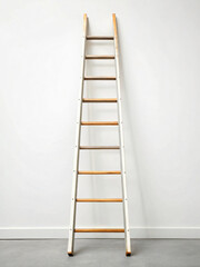 Leaning Wooden Ladder Against Plain White Wall in Minimalist Interior Setting