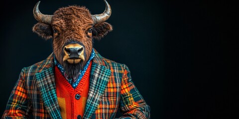 Anthropomorphic Bison in a Suit on a Black Background, Blending Human and Animal Traits