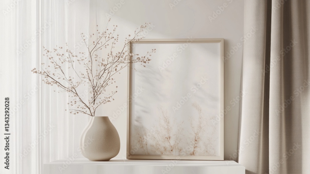 Poster In a tranquil setting, a simple vase holds graceful branches, while a beautifully framed artwork complements soft natural light filtering through sheer curtains, creating calm vibes