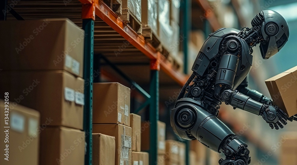 Poster a robot is bending over to pick up a box. the robot is in a warehouse and is surrounded by boxes