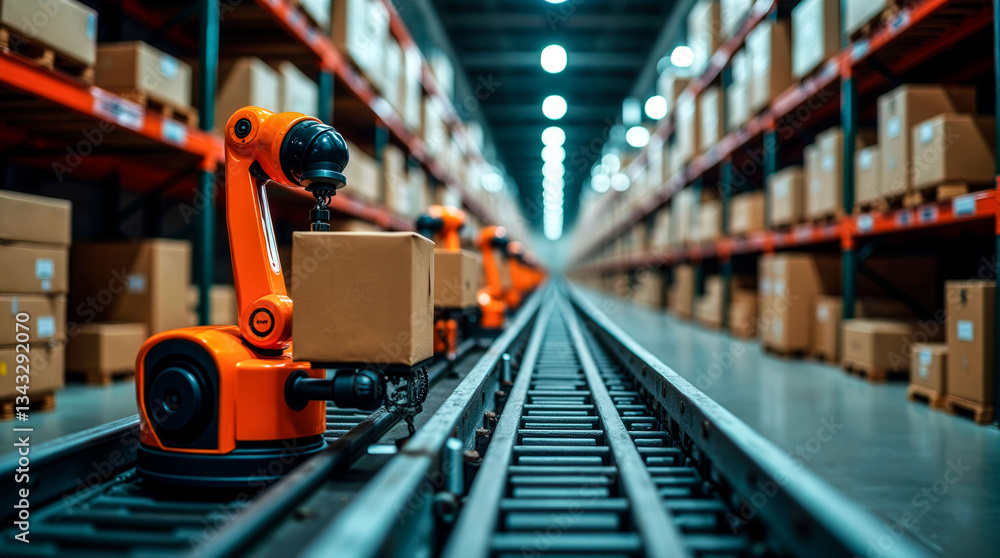 Poster a robot is moving boxes down a conveyor belt in a warehouse. the robot is orange and he is working o