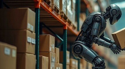 Fototapeta premium A robot is bending over to pick up a box. The robot is in a warehouse and is surrounded by boxes