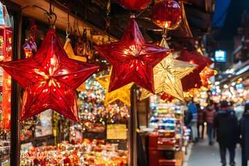 Illuminated Star Ornaments at Christmas Market