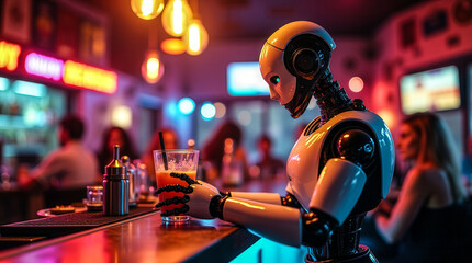 A robot bartender is standing behind a bar, holding a drink in front of a neon sign that says "Drunken". The robot is surrounded by people, some of whom are sitting at tables and others are standing
