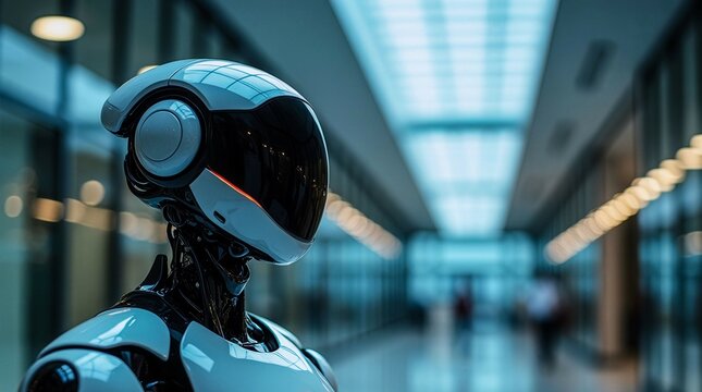 A robot is standing in a hallway with a white and black helmet on. The robot is looking at the camera
